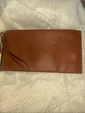 Classic camel brown Faux leather wristlet, or clutch